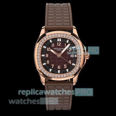 Swiss Replica Patek Philippe Aquanaut Brown Dial Quartz Rose Gold Diamond Ladies Watch 